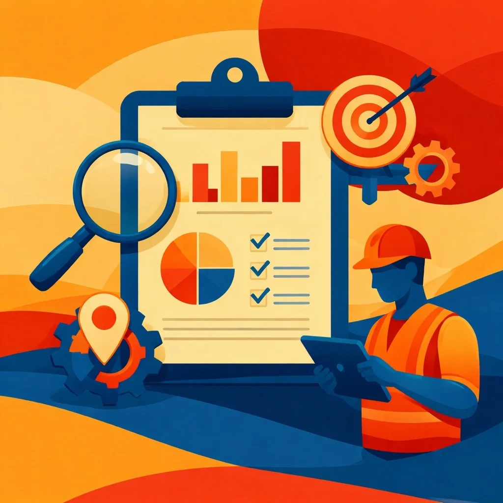 Illustration of a field service reporting dashboard with charts, checklists, GPS tracking, and a worker using a tablet, representing job performance visibility and operational management.