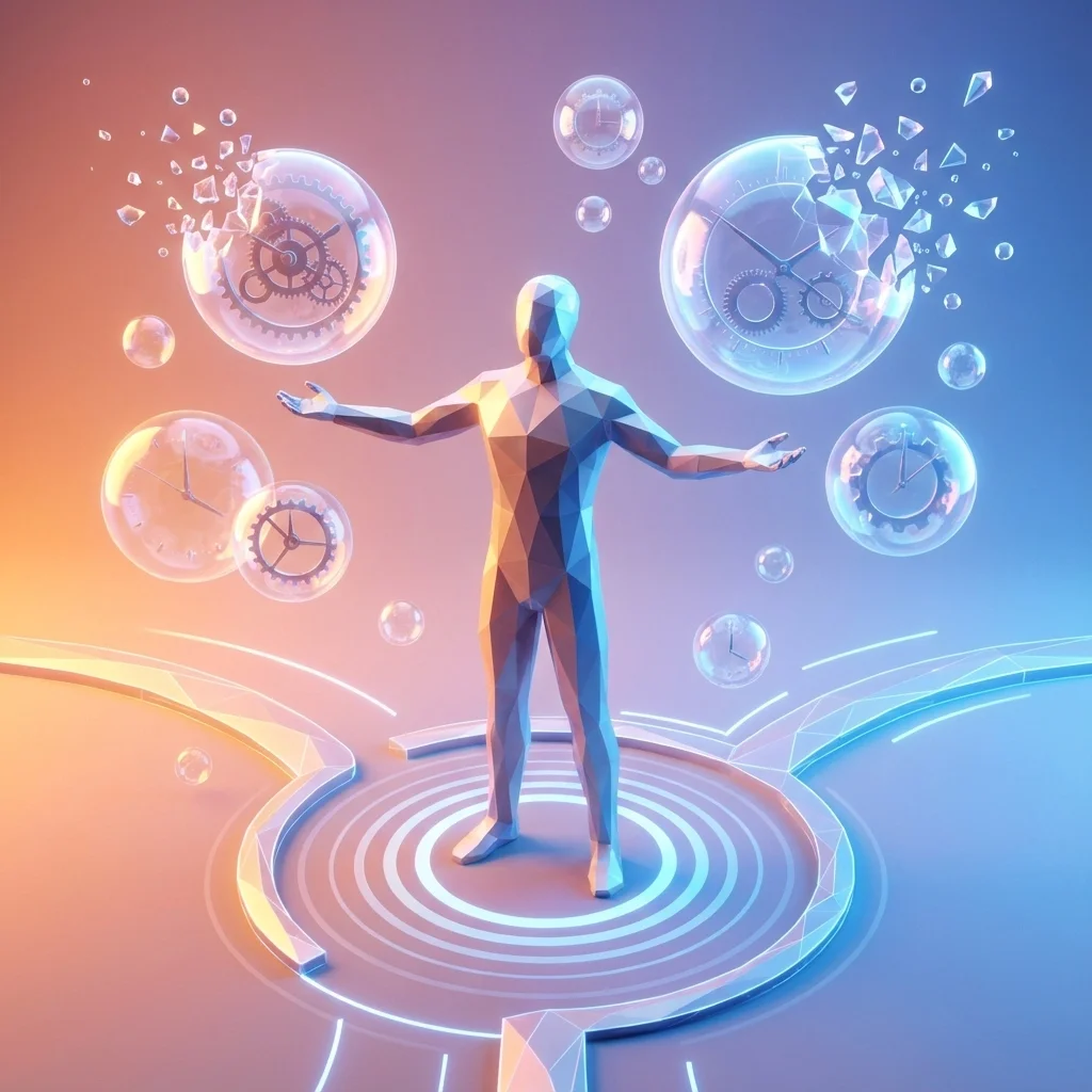 3D illustration of a human figure surrounded by floating clocks and gears, representing balancing time management and operational systems.