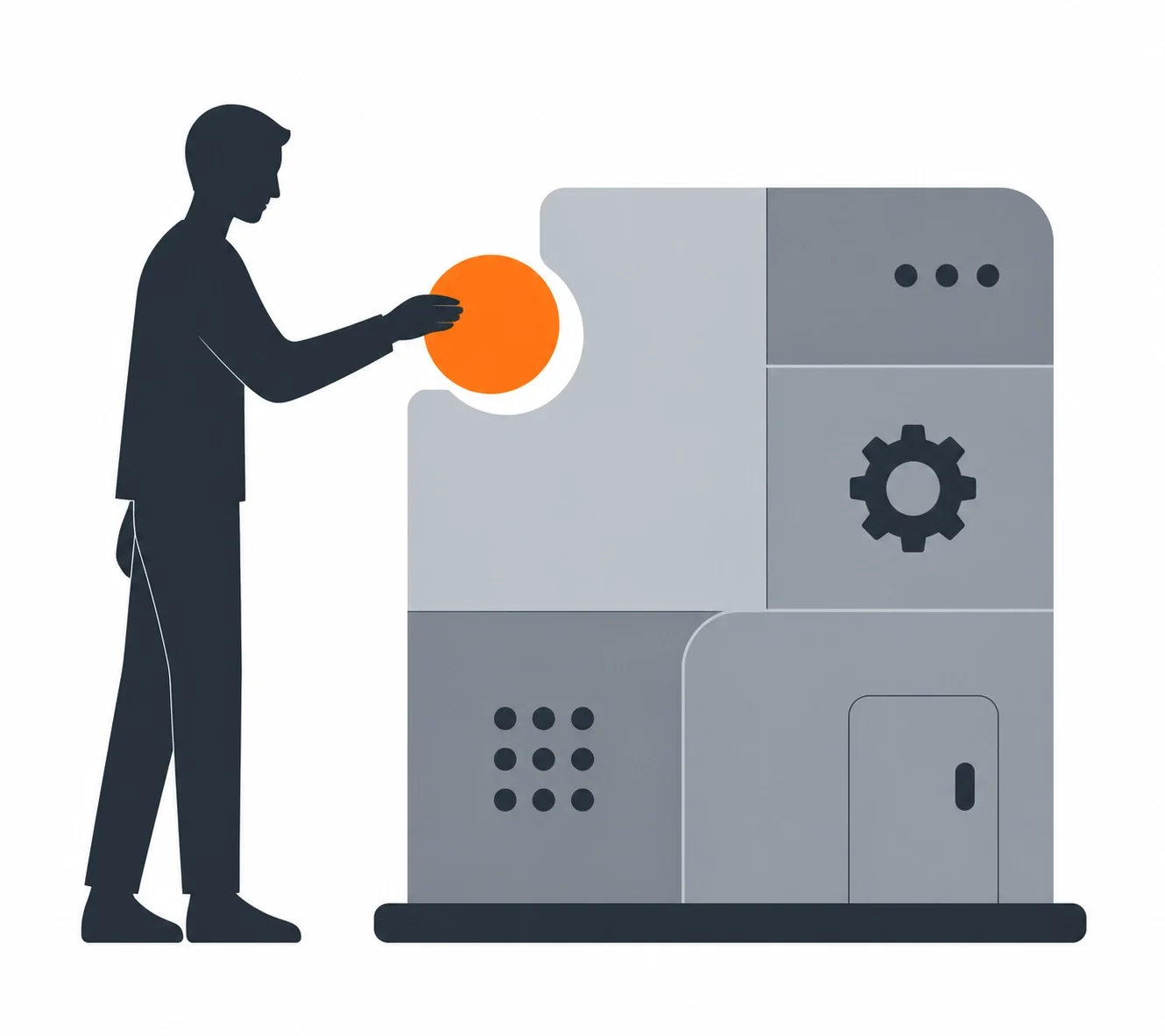 Minimalist silhouette placing an orange circle into a modular machine, symbolizing system configuration, automation, process integration, and operational setup.