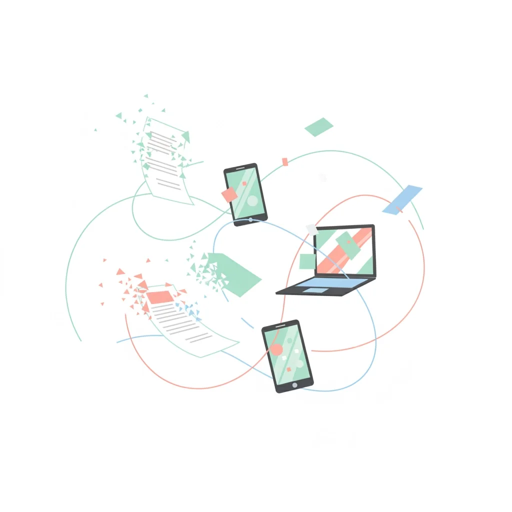 Illustration of phones, laptops, and documents connected by swirling lines, representing digital file sharing and cloud synchronization.