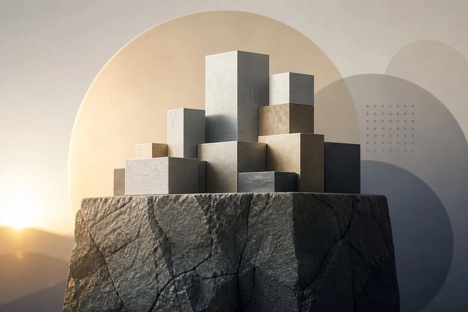 Abstract stacked blocks forming a structure on a rocky foundation at sunrise, representing strong fundamentals, stability, and long-term growth.