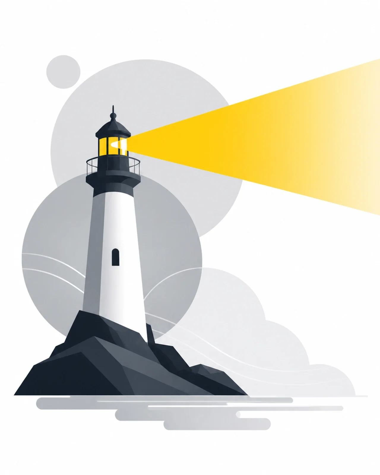 Minimalist lighthouse signal representing clarity and finding direction amidst operational noise.
