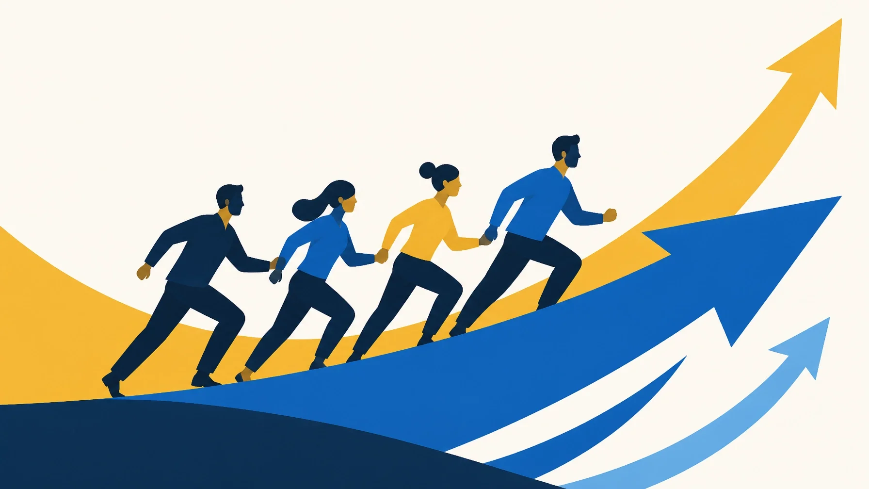 A minimalist illustration of a crew moving in a synchronized direction, representing team momentum and scaling a business.