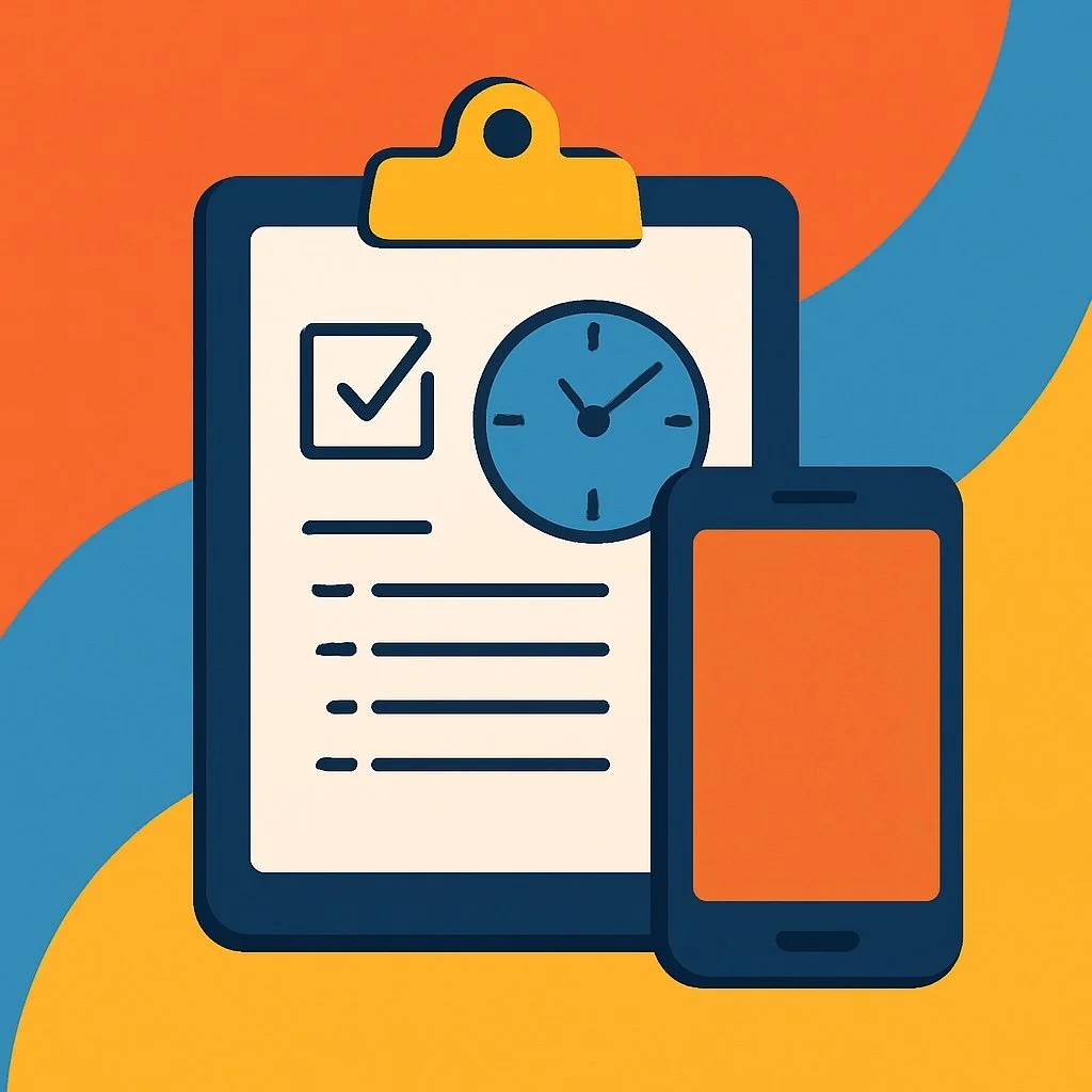 Illustration of a clipboard with a checklist and clock beside a smartphone, symbolizing mobile time tracking and task management for businesses.