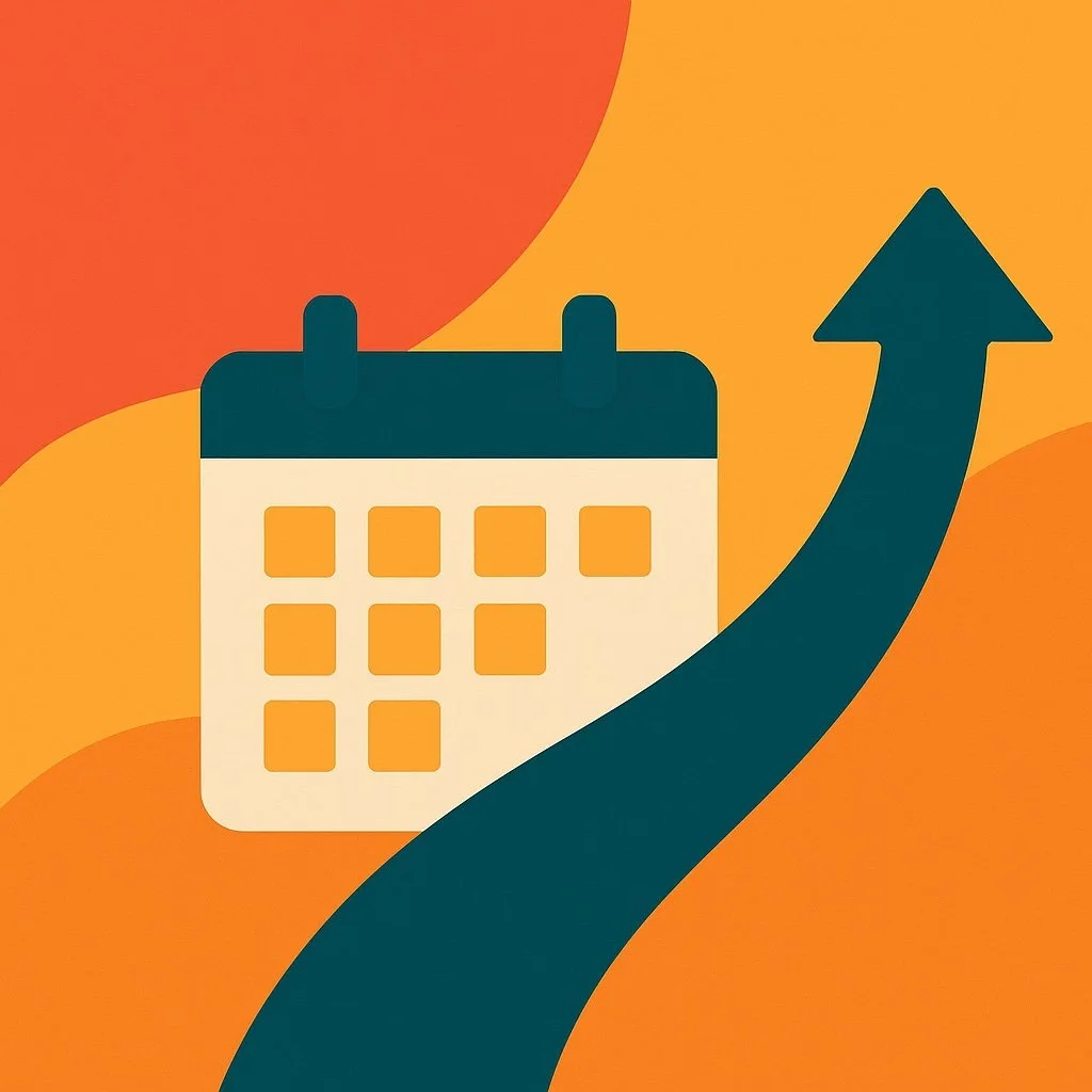 Illustration of a calendar icon with a rising arrow symbolizing growth, planning, and increasing productivity.