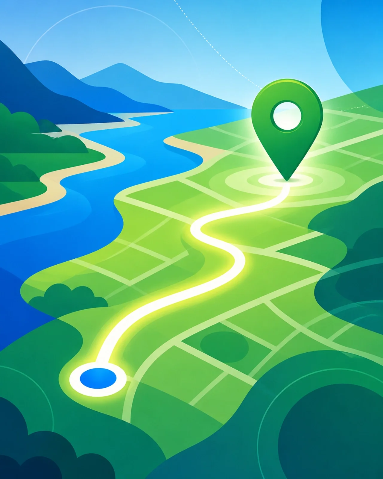 A minimalist map showing a precise glowing path and a location pin.