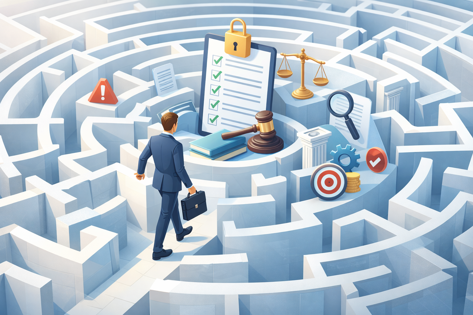 Clean modern illustration of a professional navigating a maze filled with compliance symbols like checklists, locks, legal scales, and targets, representing the complexity of regulatory compliance.