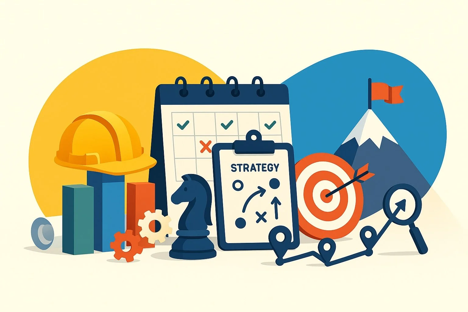 Flat illustration showing business planning tools including a calendar, strategy clipboard, target, safety helmet, and goal flag, representing project planning and execution.