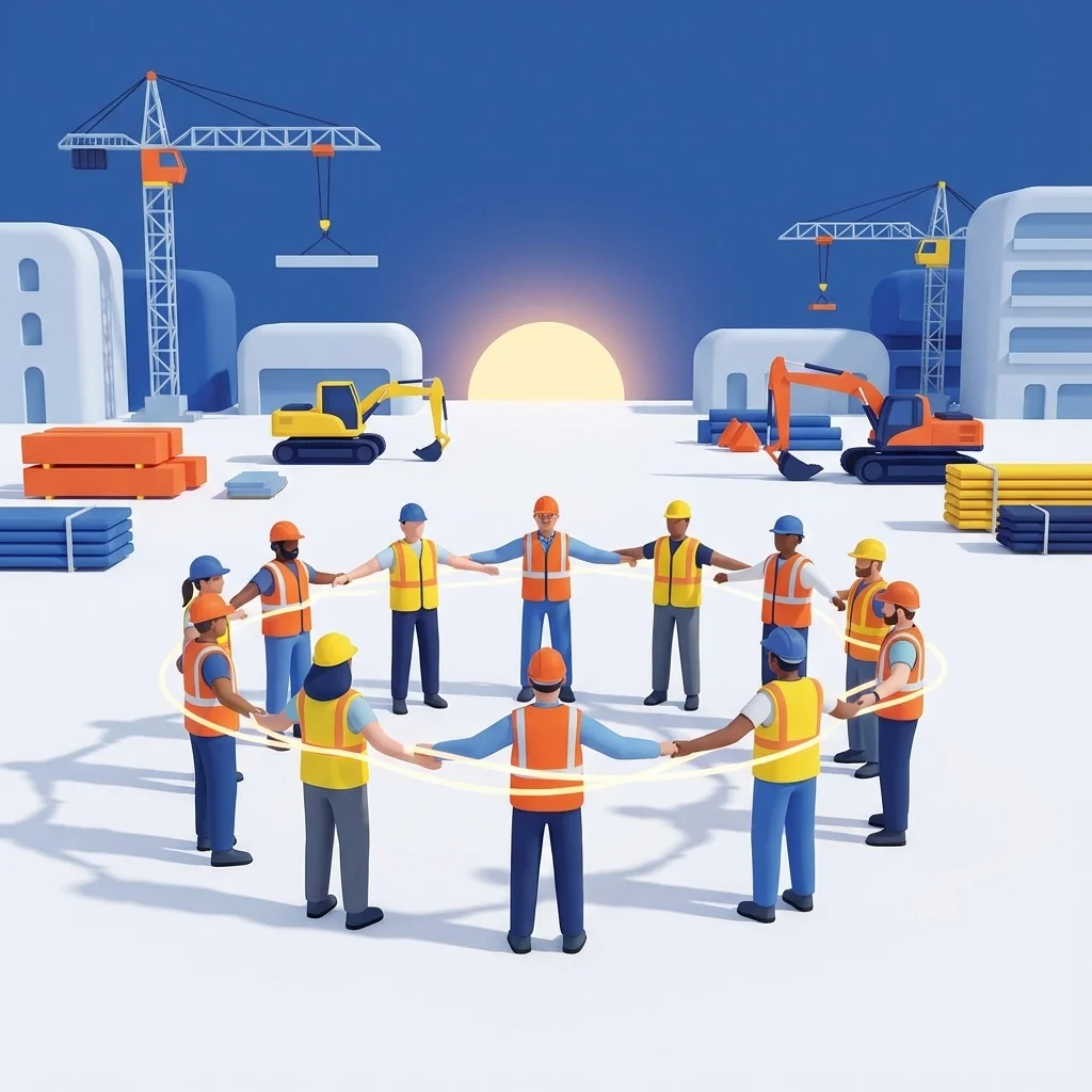 Flat illustration of a person stacking blocks one by one, symbolizing building processes, incremental improvement, and operational consistency.