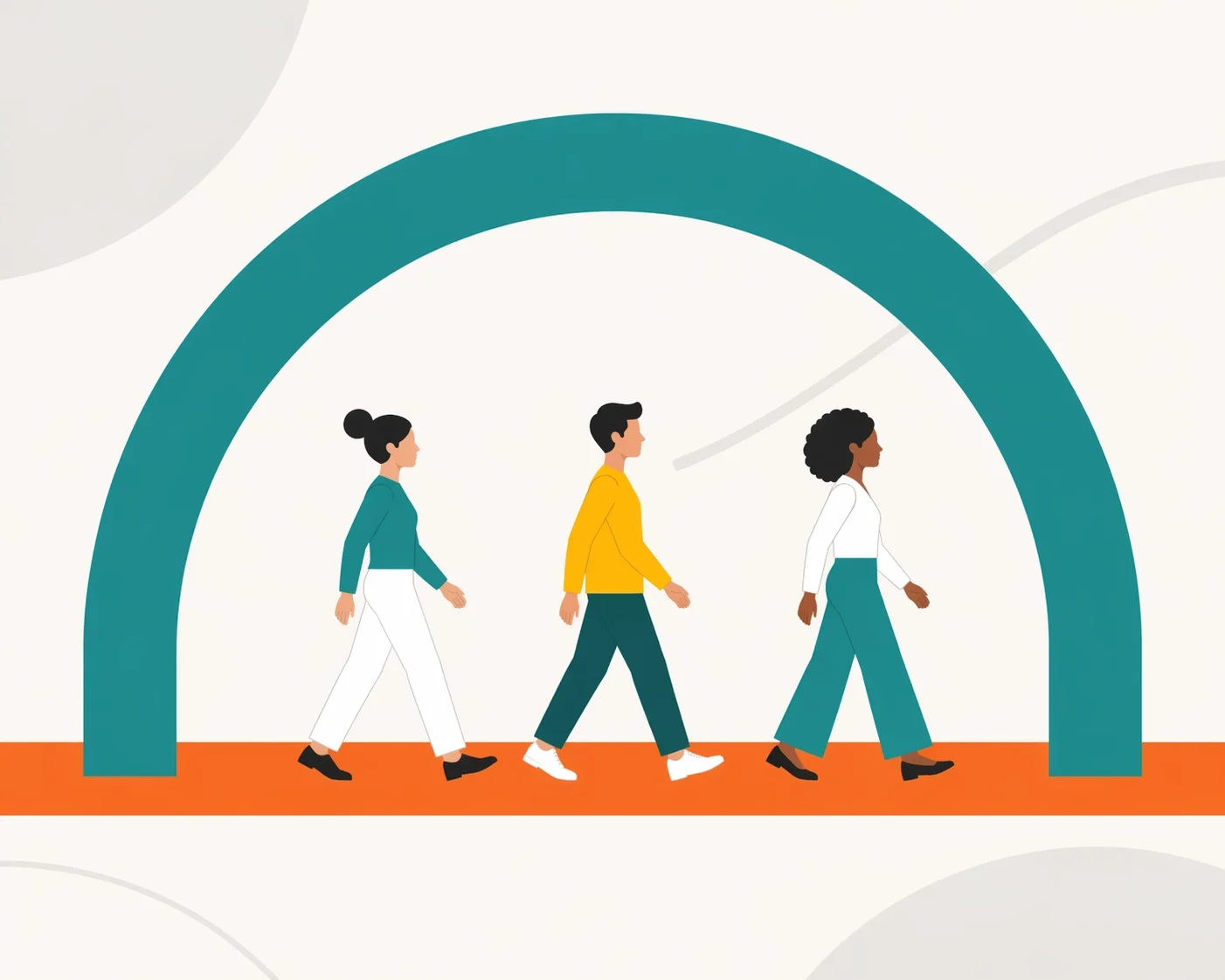 Diverse group of people walking together under a large arch, representing teamwork, alignment, and guided progress.