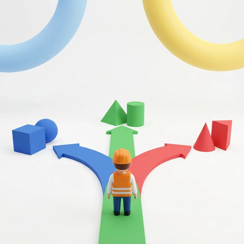 3D illustration of a construction worker standing at a forked path choosing between multiple directions, symbolizing decision-making and planning.