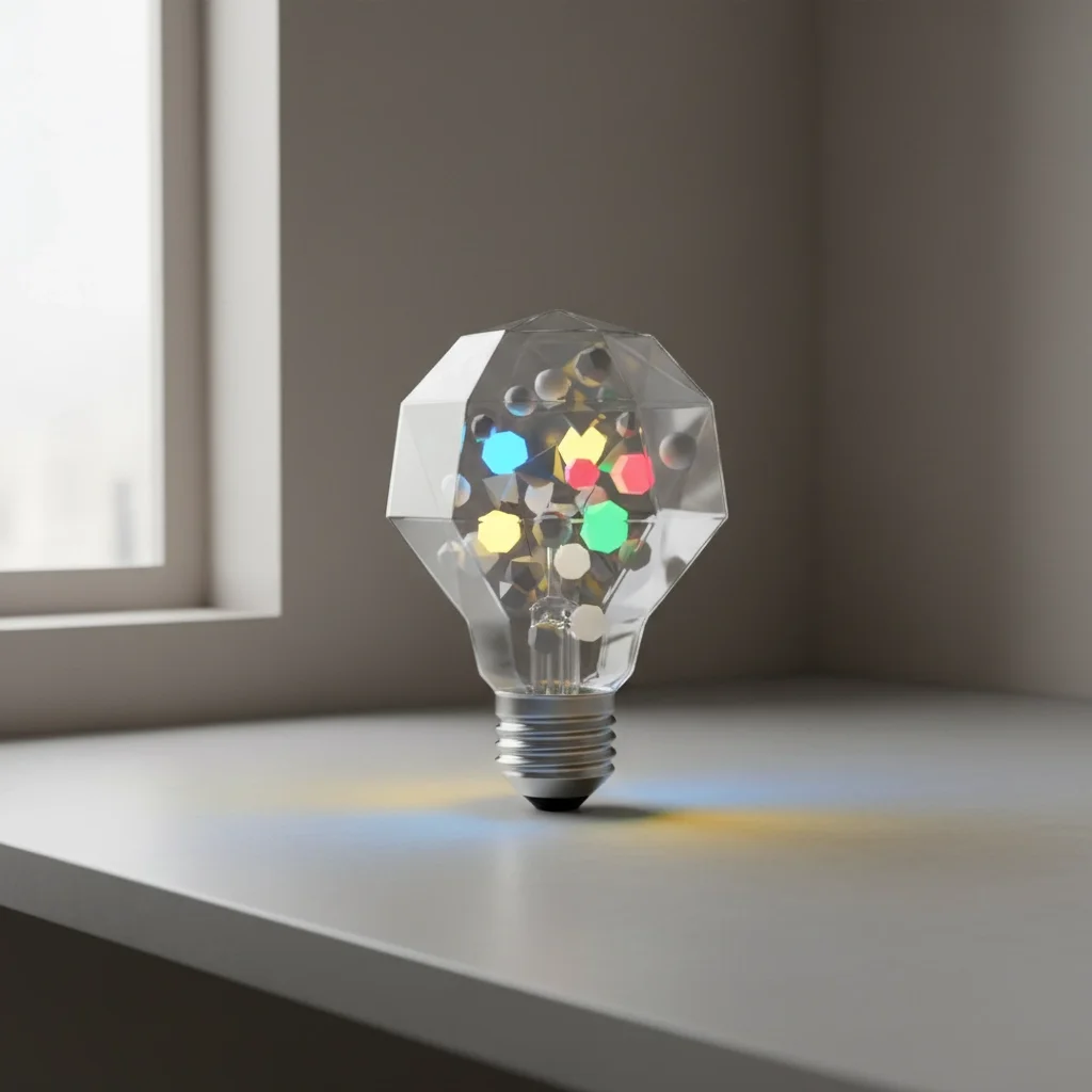 3D rendering of a geometric crystal lightbulb with multicolored reflections symbolizing innovation and creative thinking.