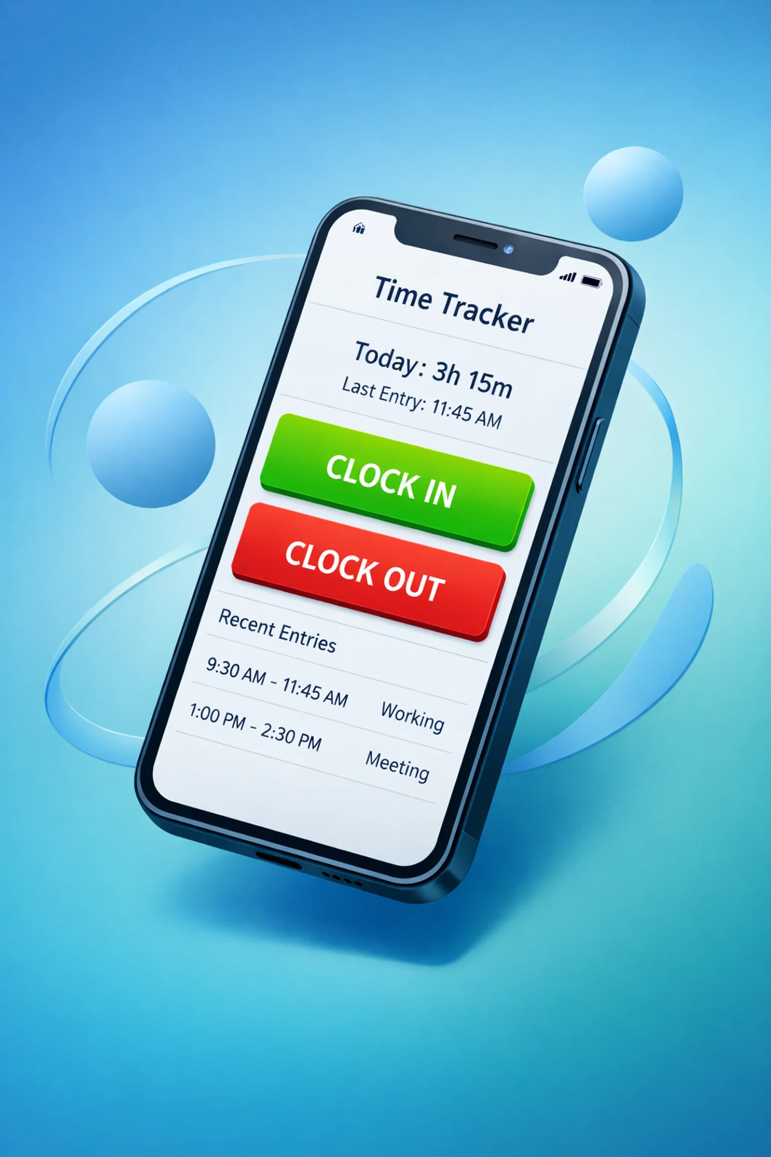Mobile time tracking app displaying clock in and clock out buttons with daily hours and recent entries for accurate workforce time management.