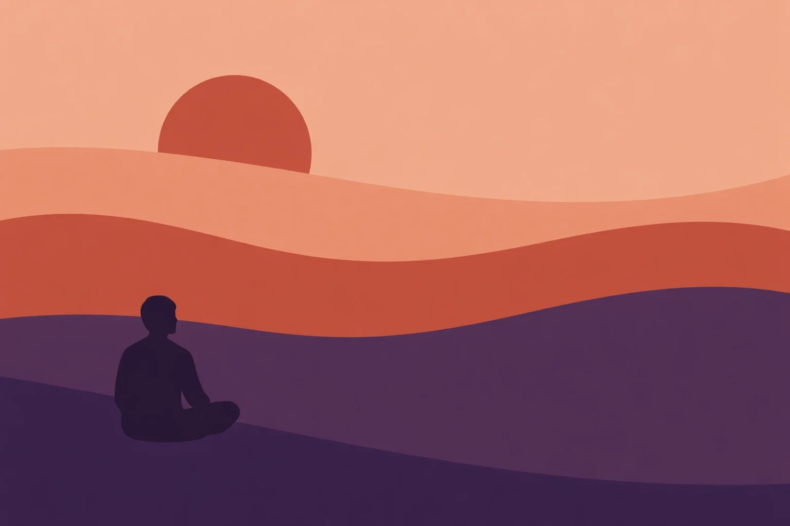 Silhouette of person meditating outdoors at sunset across layered landscape, representing calm, focus, and mental clarity