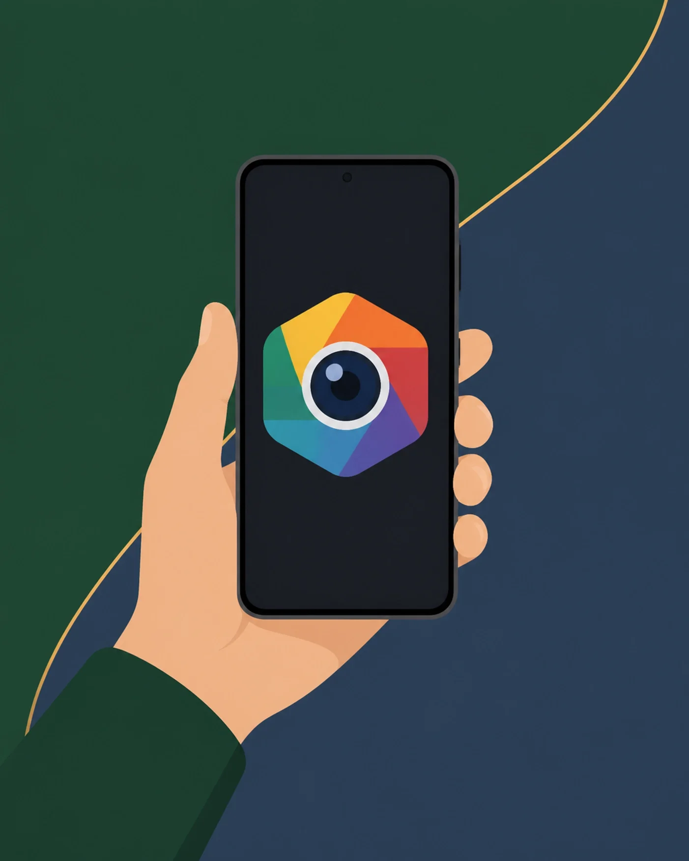 Hand holding a smartphone displaying a colorful analytics icon, representing mobile data access, field reporting, and real-time business insights.