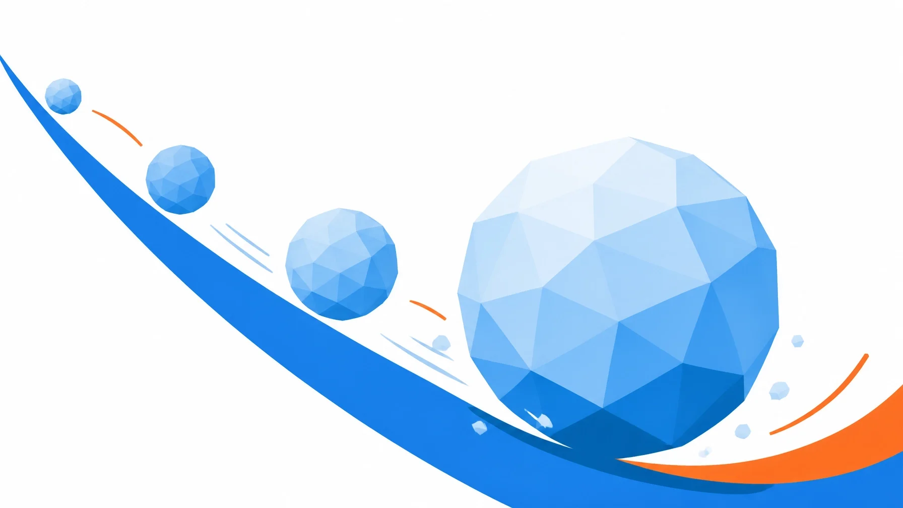 A large geometric snowball rolling down a simple curved slope, getting larger with bold flat colors.