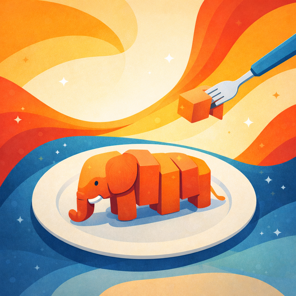 Minimalist illustration of an elephant divided into small pieces on a plate with a fork lifting a cube, symbolizing breaking down big tasks into manageable steps with warm bold colors and soft geometric shapes