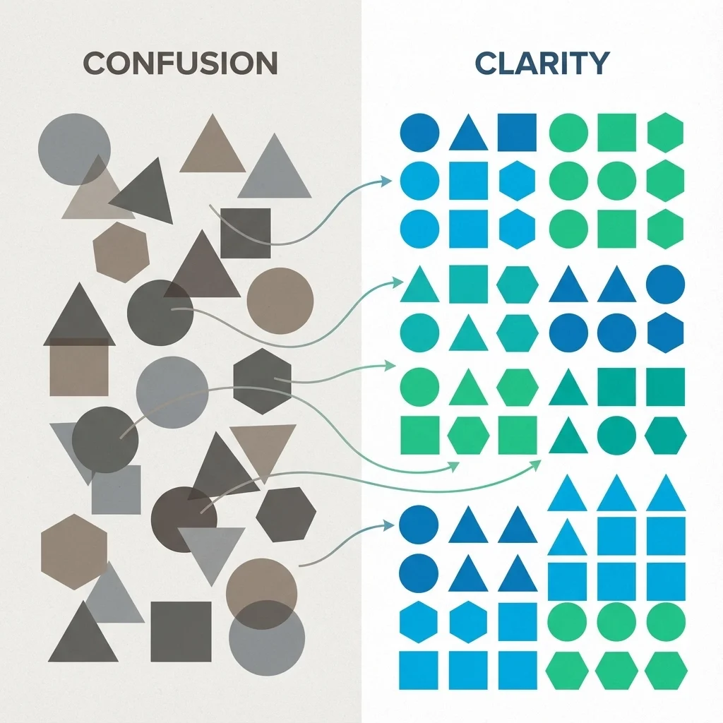 Split illustration showing chaotic shapes labeled confusion transforming into organized shapes labeled clarity, representing process simplification.