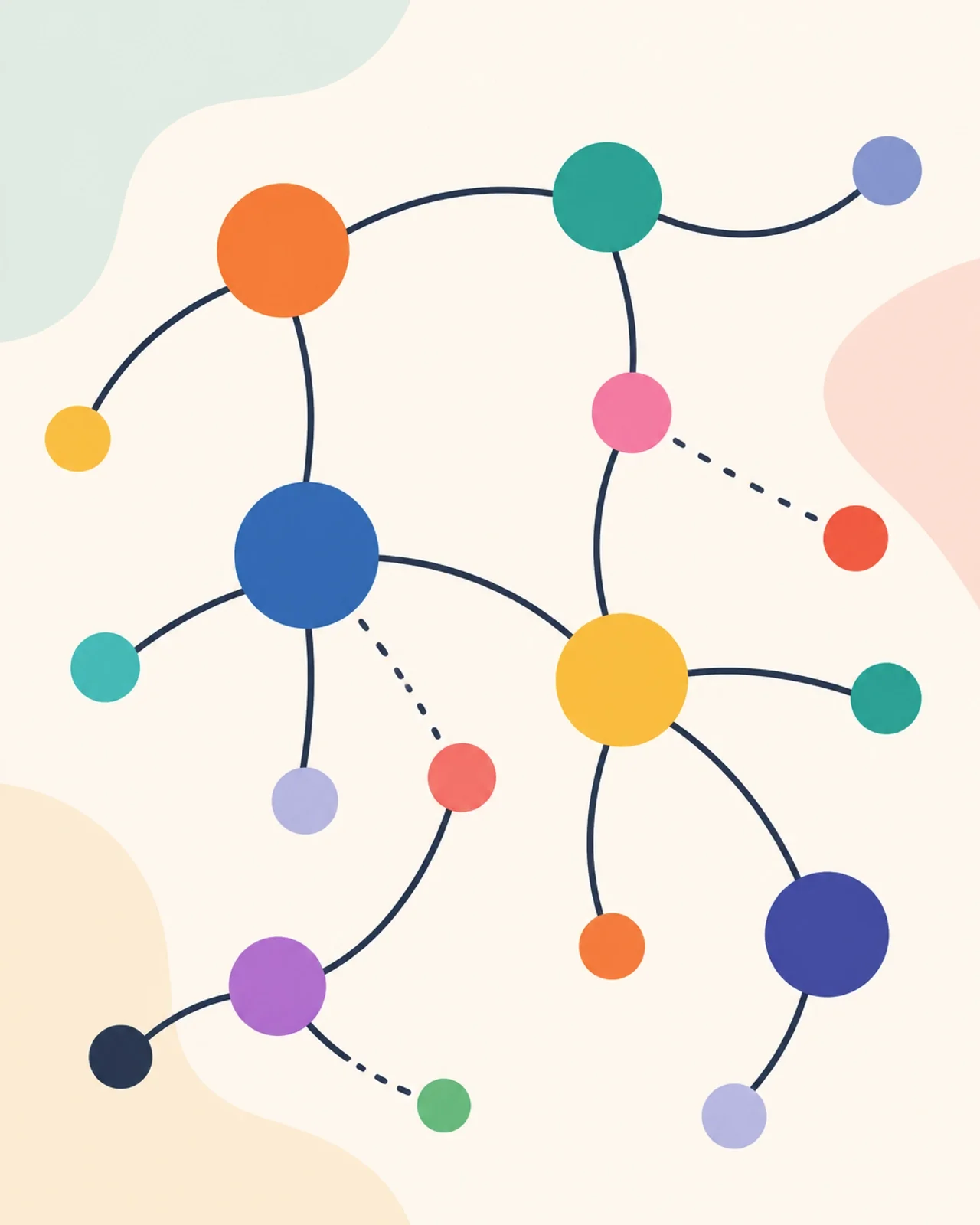 Abstract network of connected colorful nodes and lines, symbolizing communication, team collaboration, connected systems, workflow integration, and organizational relationships.