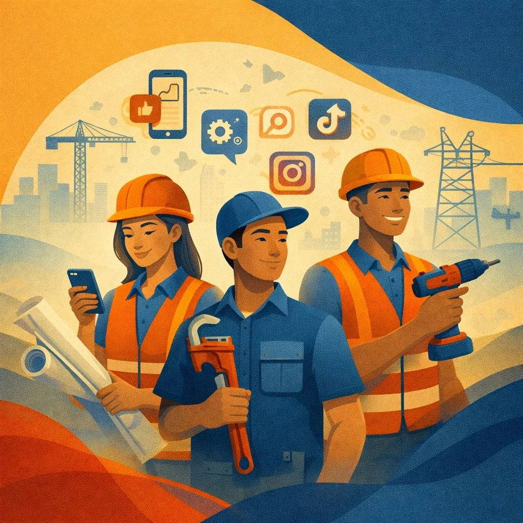 Construction workers using smartphones and tools with social media icons, representing digital engagement, mobile workforce technology, and modern field communication.