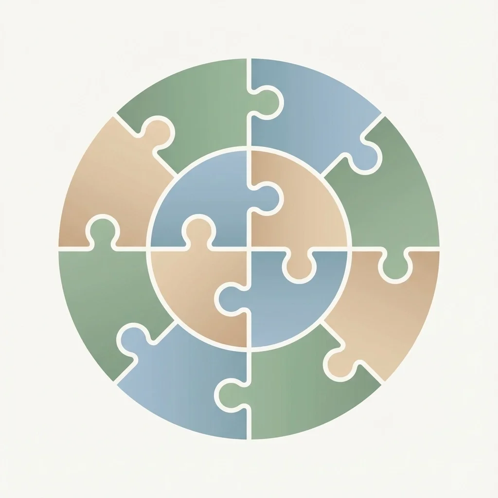 Circular puzzle pieces forming a complete system, symbolizing integrated workflows and connected business processes.