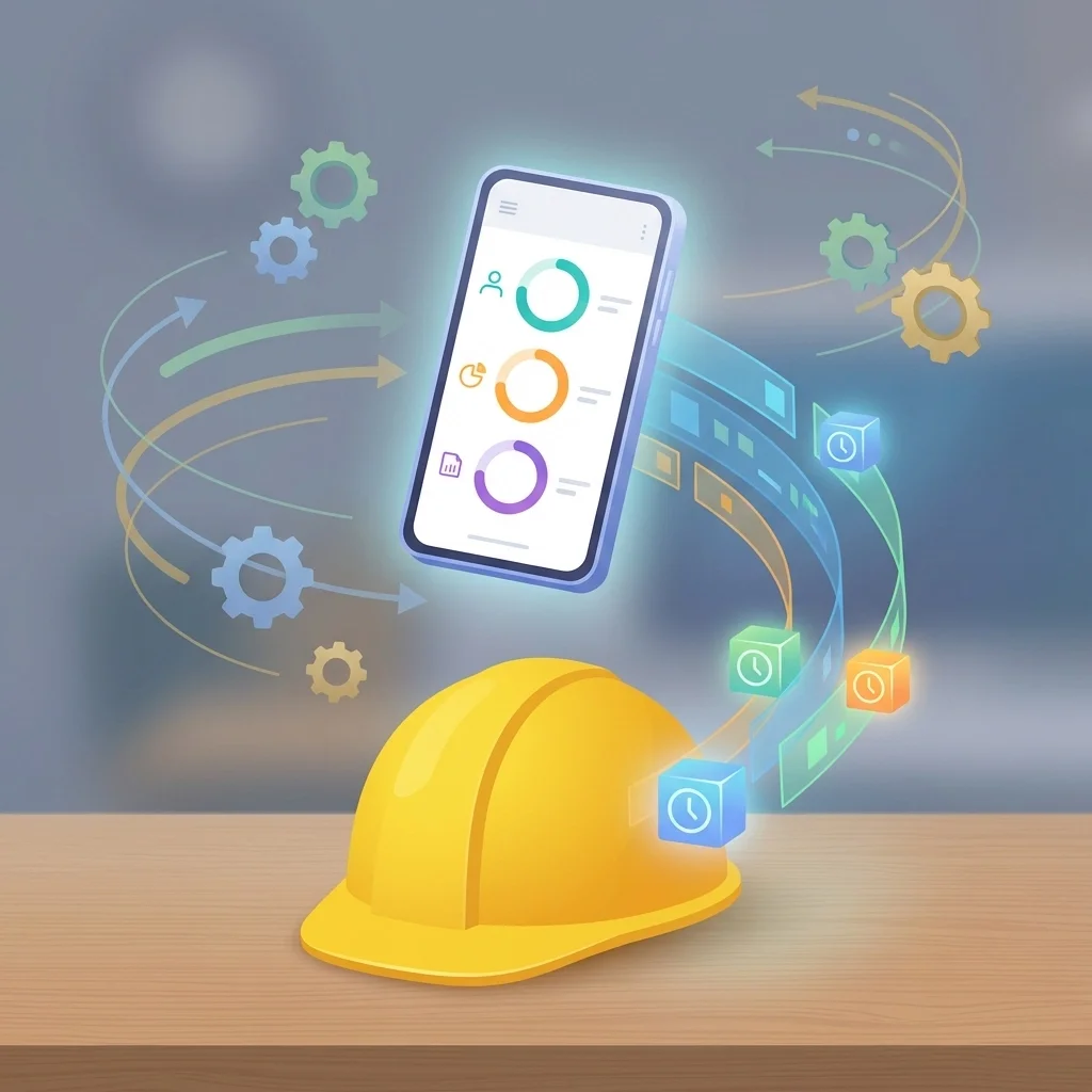 3D illustration of a smartphone above a hard hat with flowing data icons, symbolizing mobile workforce management and job site automation.