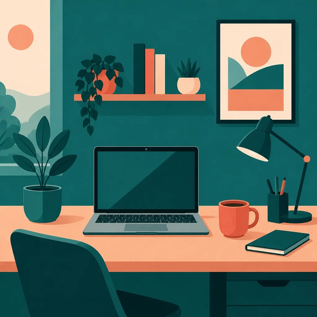 A minimalist illustration of an organized remote workspace, signifying the calm and focus that comes with reliable systems.