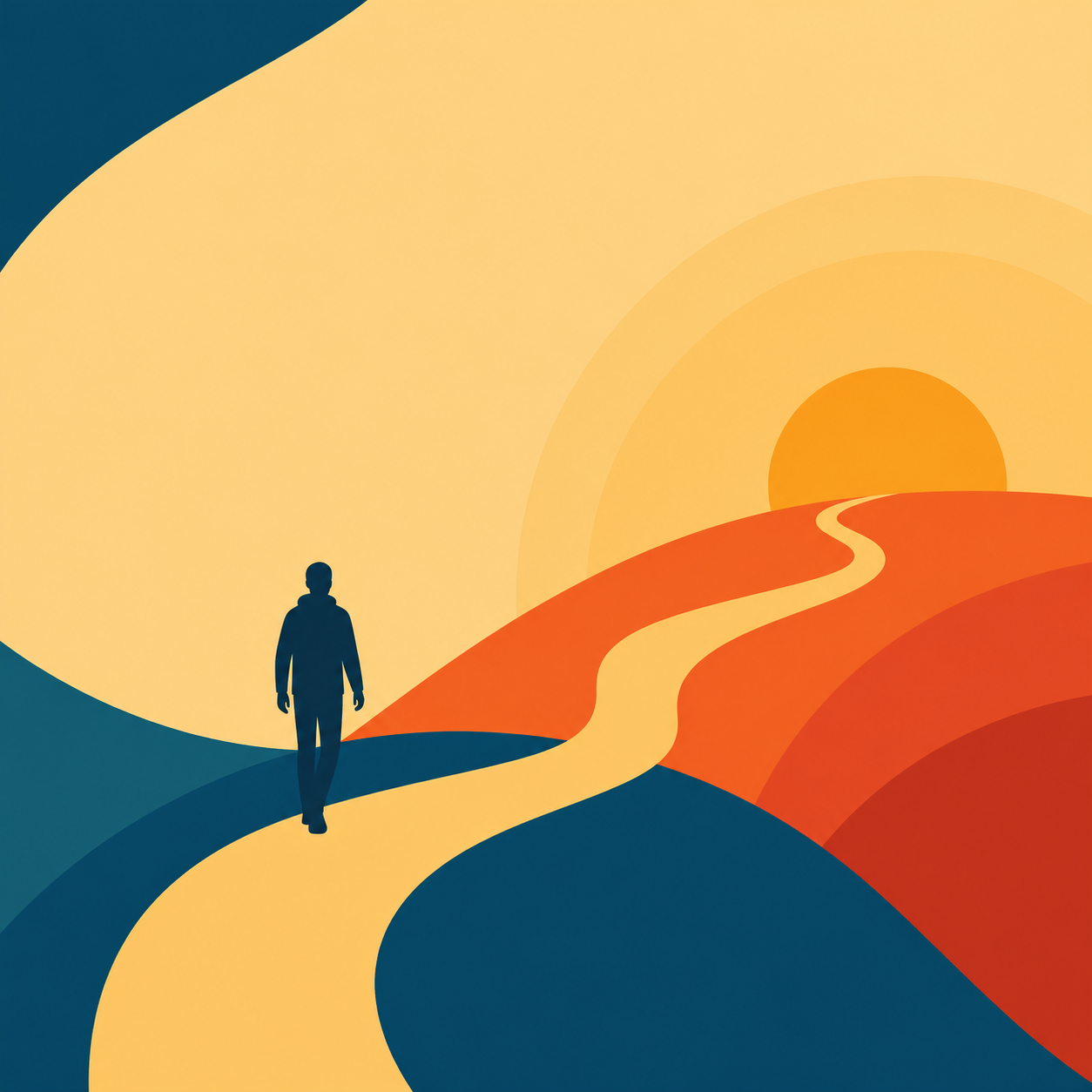 Minimalist illustration of a person walking along a winding path toward a rising sun, symbolizing personal growth and continuous self-improvement in a modern abstract landscape