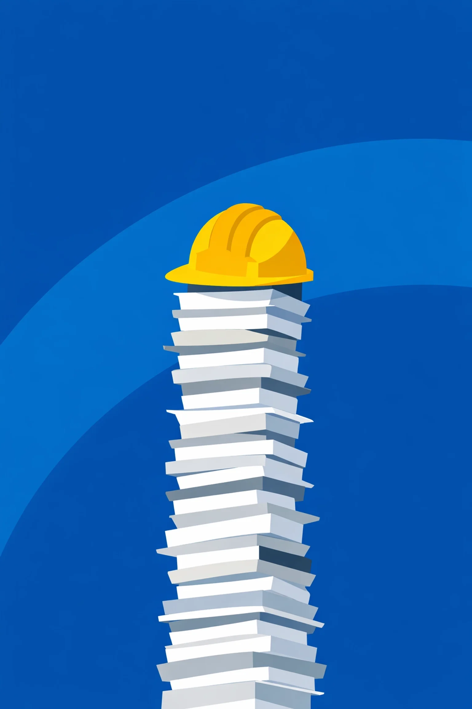 Construction hard hat on a tall stack of paperwork, representing administrative overload and manual processes in the field.