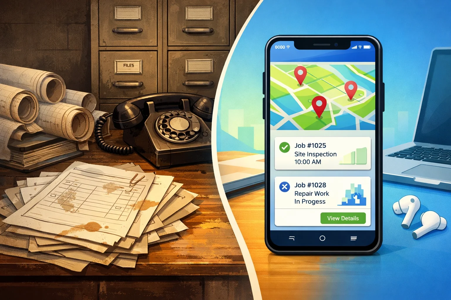 Old paper job files and landline phone contrasted with modern mobile job tracking app, illustrating the shift to digital workforce management.