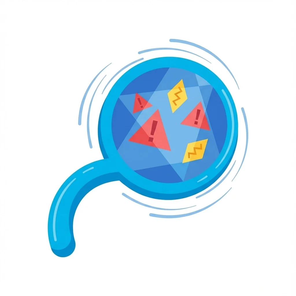 Flat illustration of a magnifying glass highlighting warning and error icons, symbolizing issue detection and problem analysis.