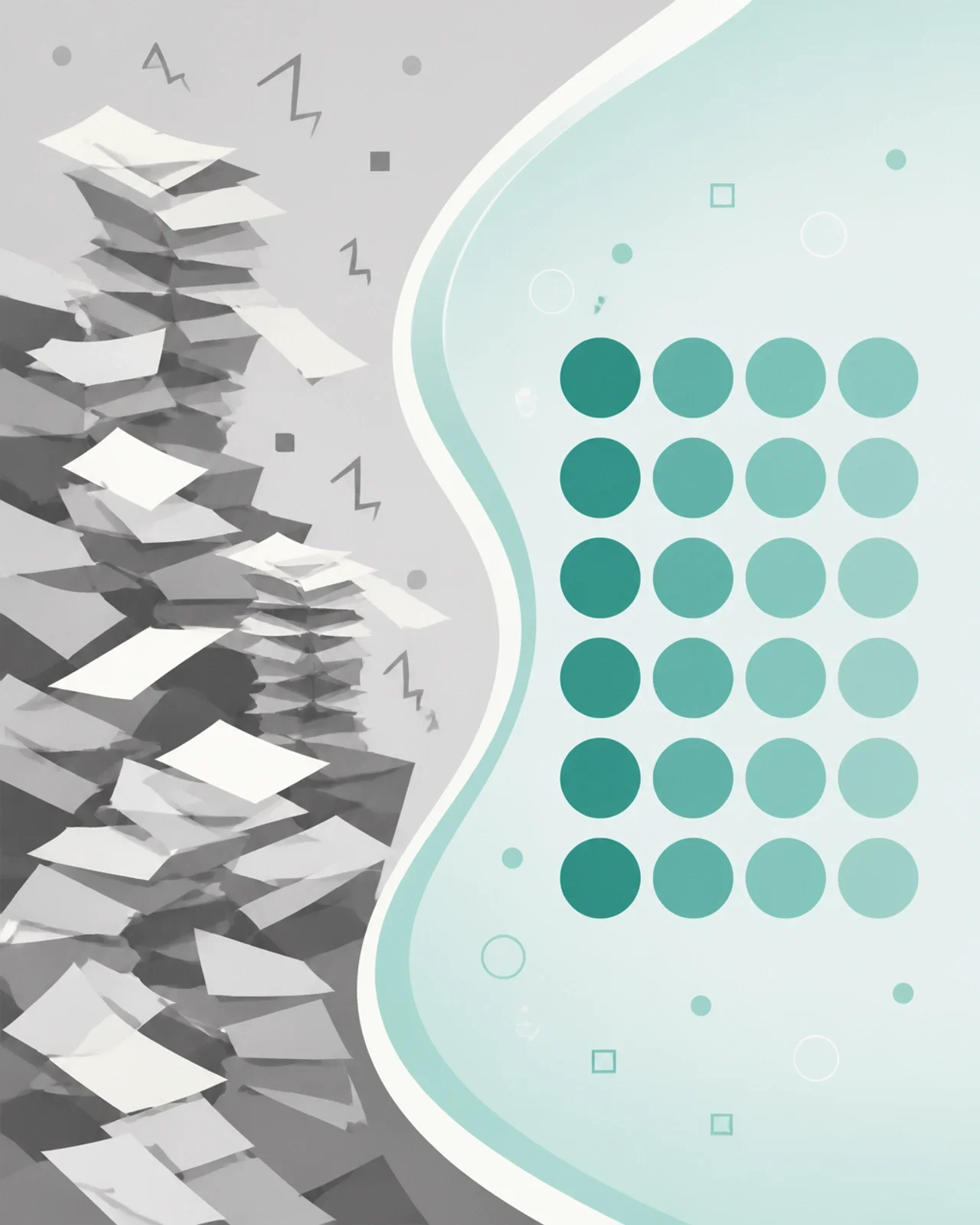 An illustration showing messy jagged lines transitioning into organized digital circles, representing the shift from paper to digital.