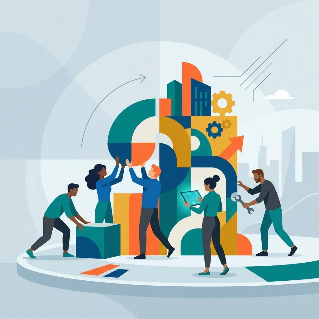 Team of people assembling colorful interconnected shapes with gears and buildings, representing collaboration, system building, and scalable growth.