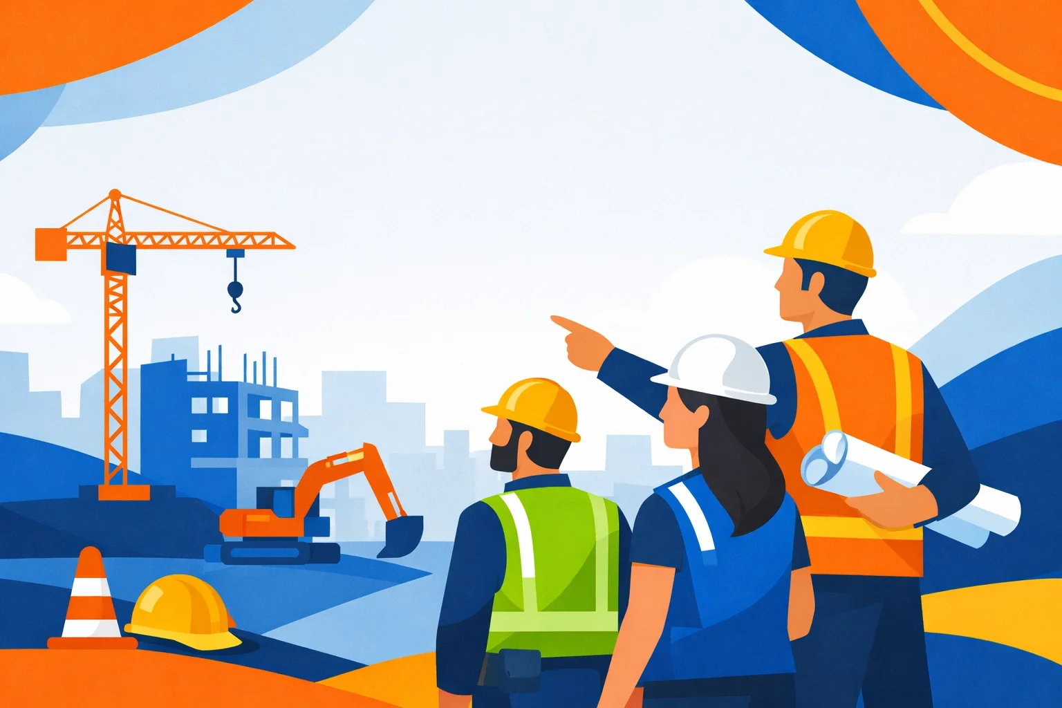 Construction team reviewing building plans while observing active job site with crane and excavator in the background