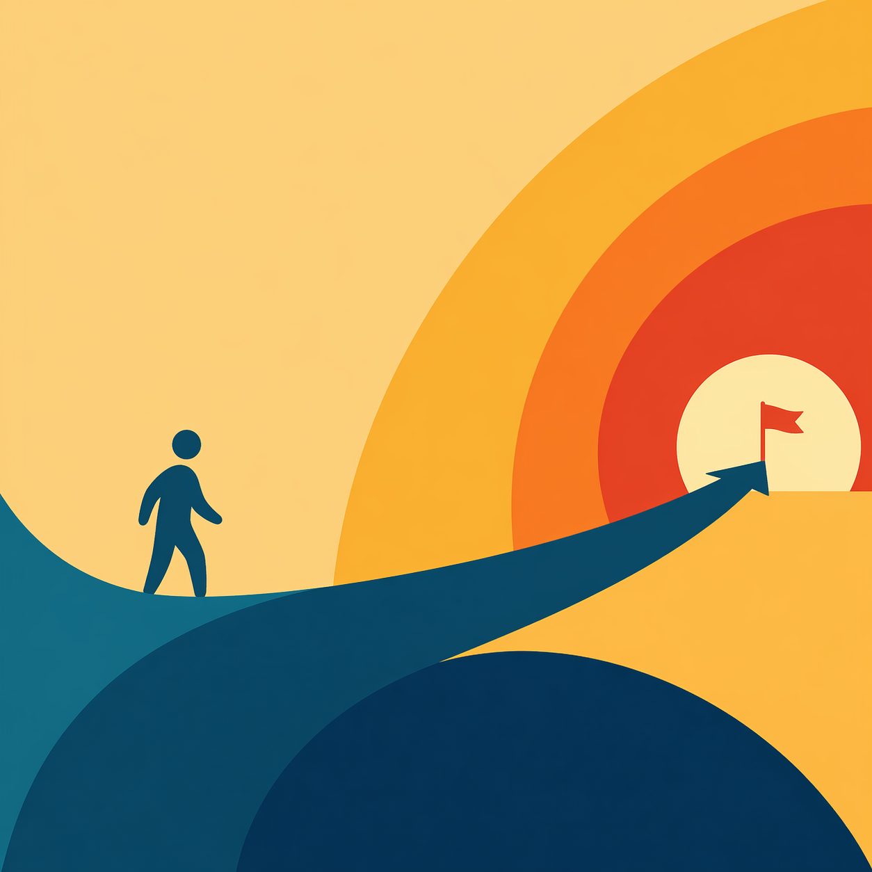 Minimalist abstract illustration of a person moving along a curved path toward a goal, using bold flat colors and smooth geometric shapes to represent progress and outcomes.