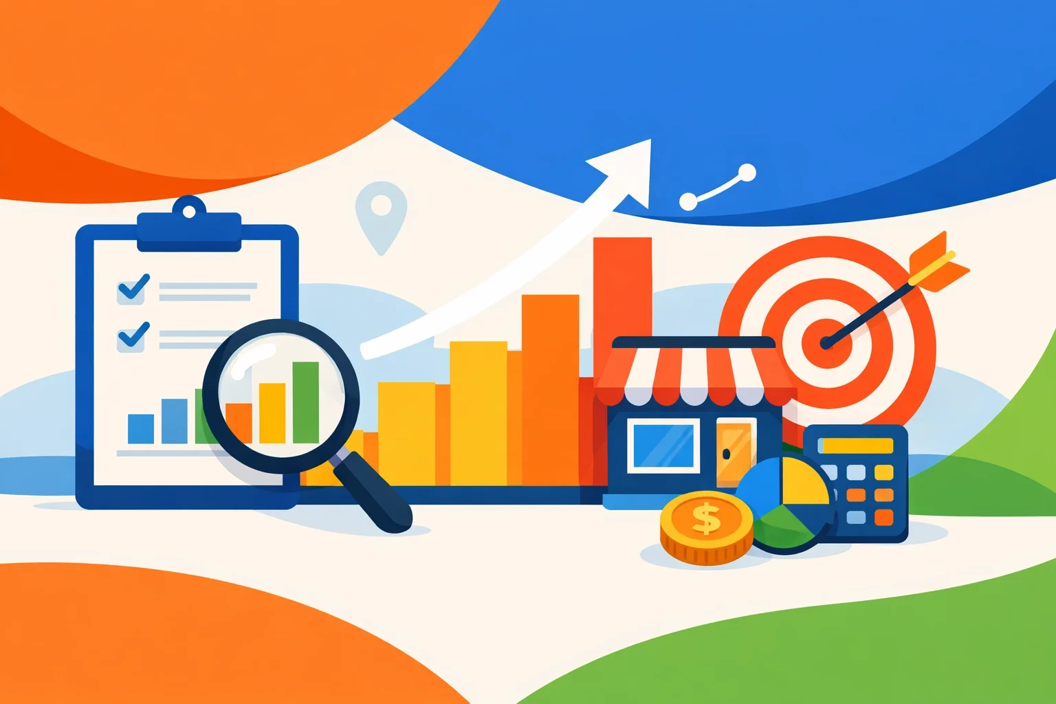 SEO alt text: Small business analytics concept with charts, checklist, target goal, and financial performance indicators.