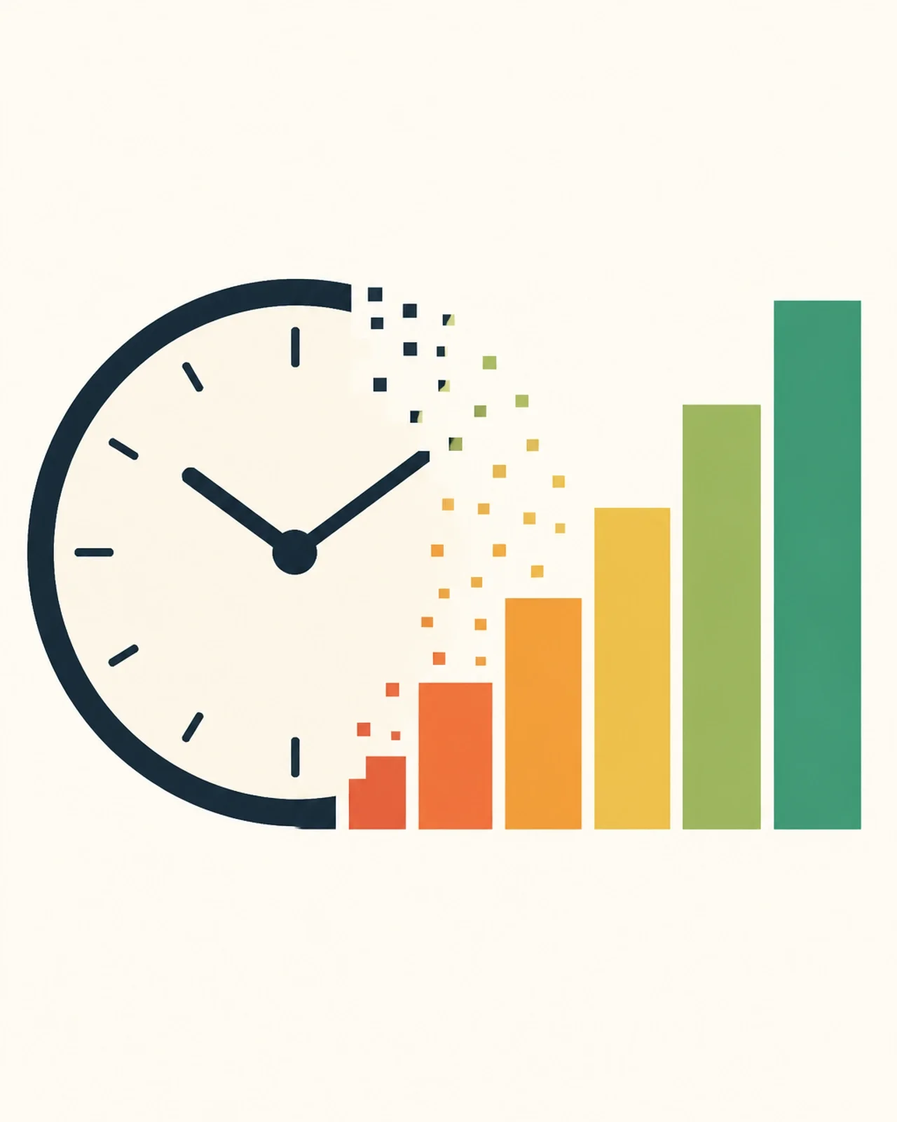 Minimalist illustration of a clock transforming into rising analytics bars, symbolizing productivity gains, time tracking, efficiency improvements, and measurable business performance.