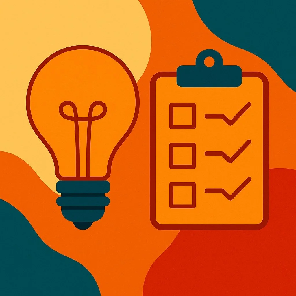 Minimalist 1:1 hero illustration featuring a light bulb and checklist symbolizing planning and preparation before starting a business, using bold flat colors with curved geometric accents.