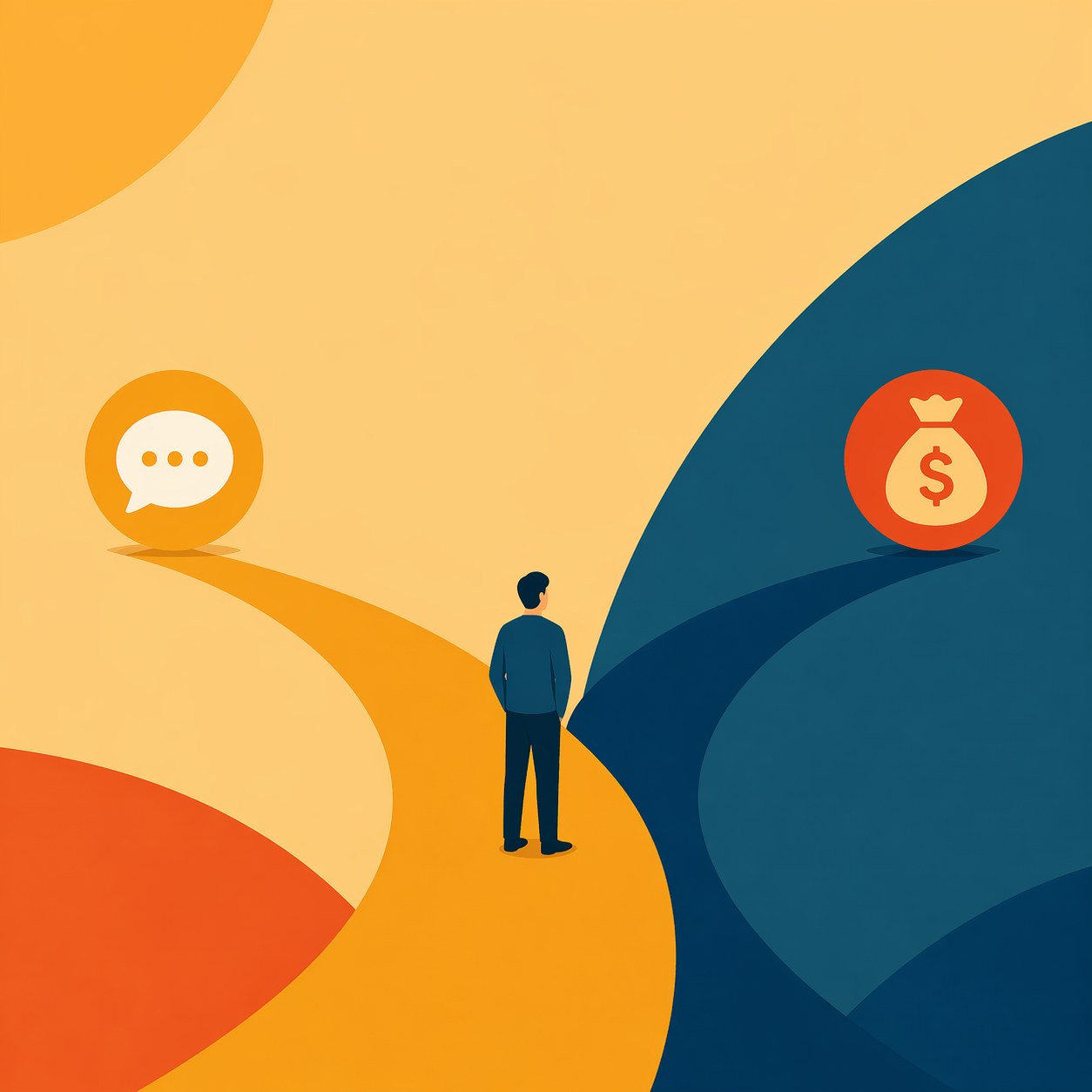 Minimalist illustration of a person at a forked path choosing between feedback communication and financial outcome, symbolizing the cost of ignoring feedback