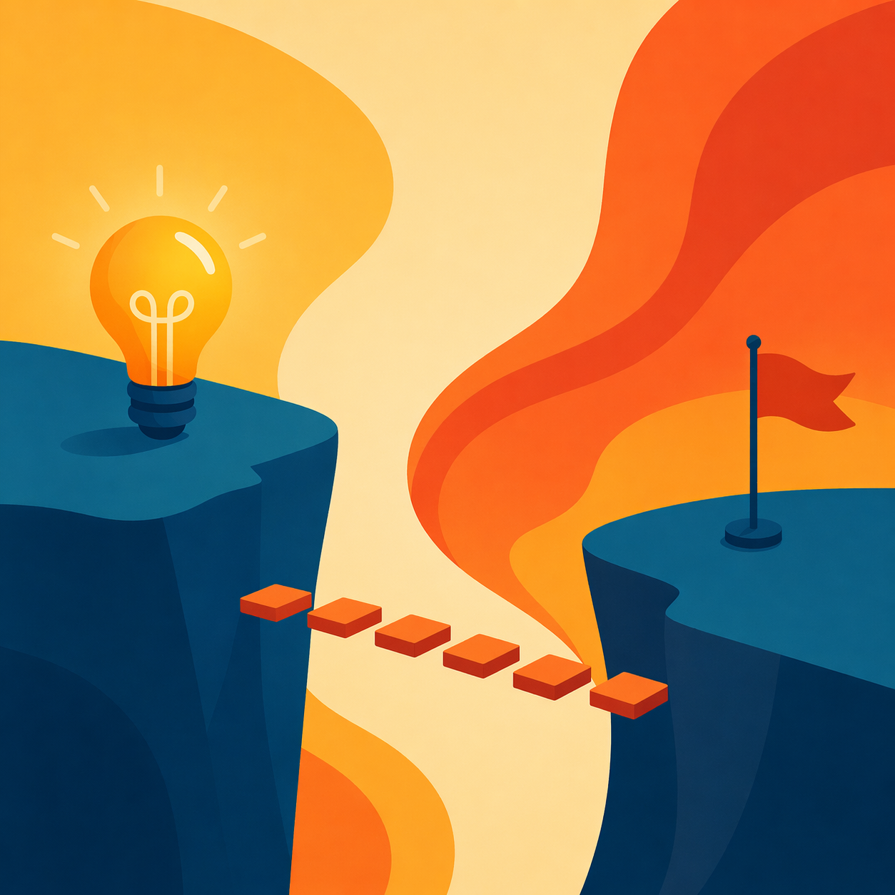 Minimalist illustration of a gap between two cliffs with stepping stones, a lightbulb on one side and a flag on the other, symbolizing the challenge of turning ideas into execution with bold geometric colors