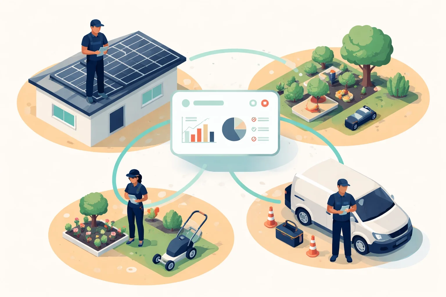 Field service management illustration showing solar technician, landscaper, and utility worker connected to a central performance dashboard