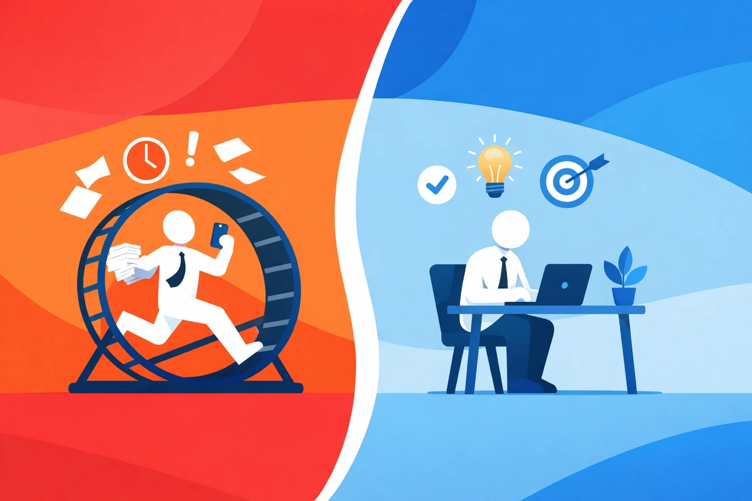 Split illustration comparing chaotic multitasking and burnout with focused, efficient work and improved productivity.
