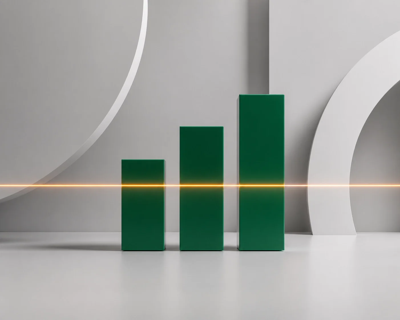 Minimal green bar chart with rising columns and horizontal reference line, representing steady growth, performance tracking, and measurable progress.