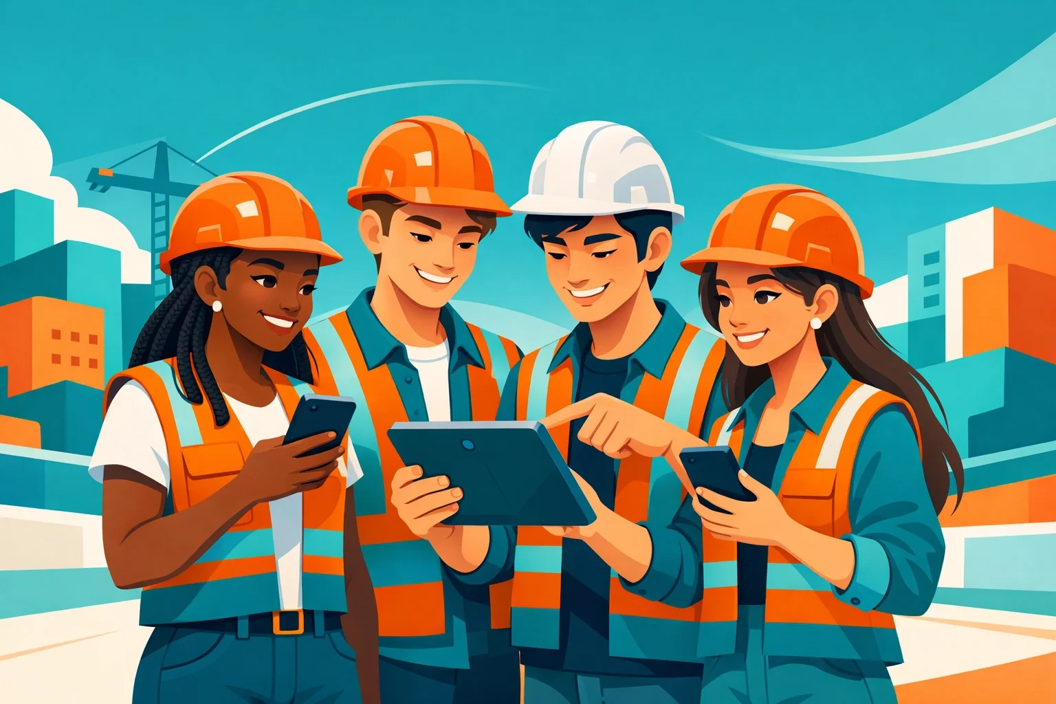 Diverse construction crew using mobile devices and tablet together on a job site, representing connected teamwork and digital workforce tools