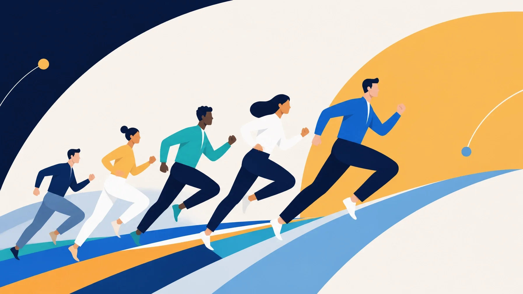 Minimalist illustration of a team moving forward with momentum and energy