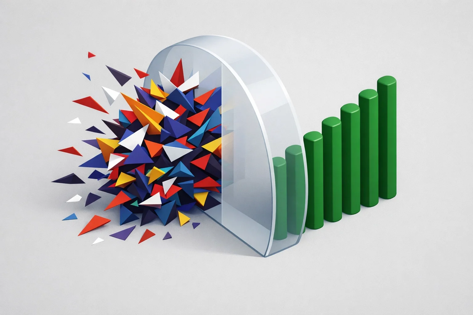 Colorful chaotic shapes being funneled through a filter into clean green bars, representing turning disorder into structured growth and measurable results.