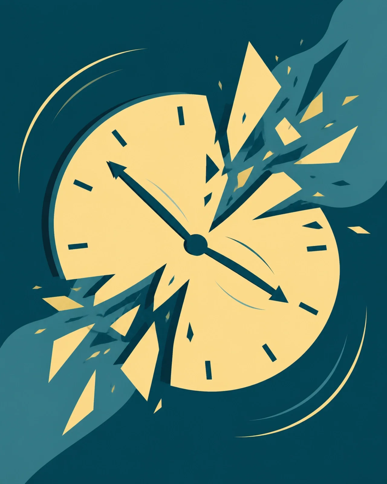 A minimalist illustration of a clock face being pulled apart by sharp geometric shards, representing time wasted.