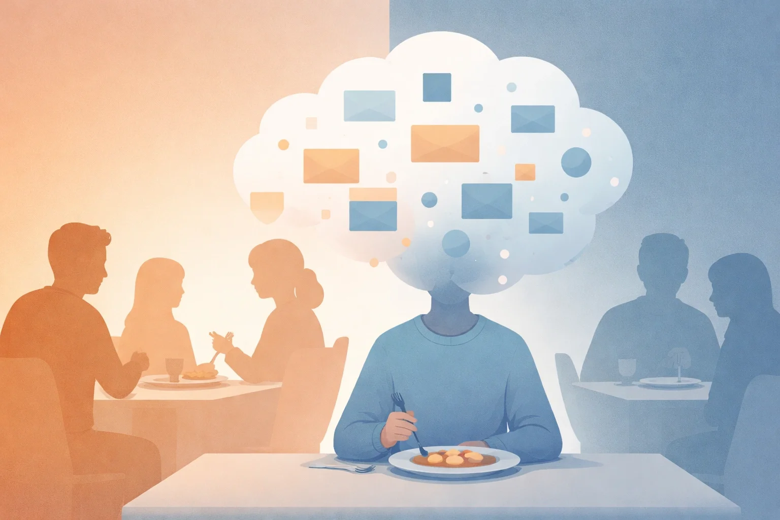 Person sitting alone with a cloud of scattered thoughts overhead, symbolizing mental overload, distraction, and lack of clarity.