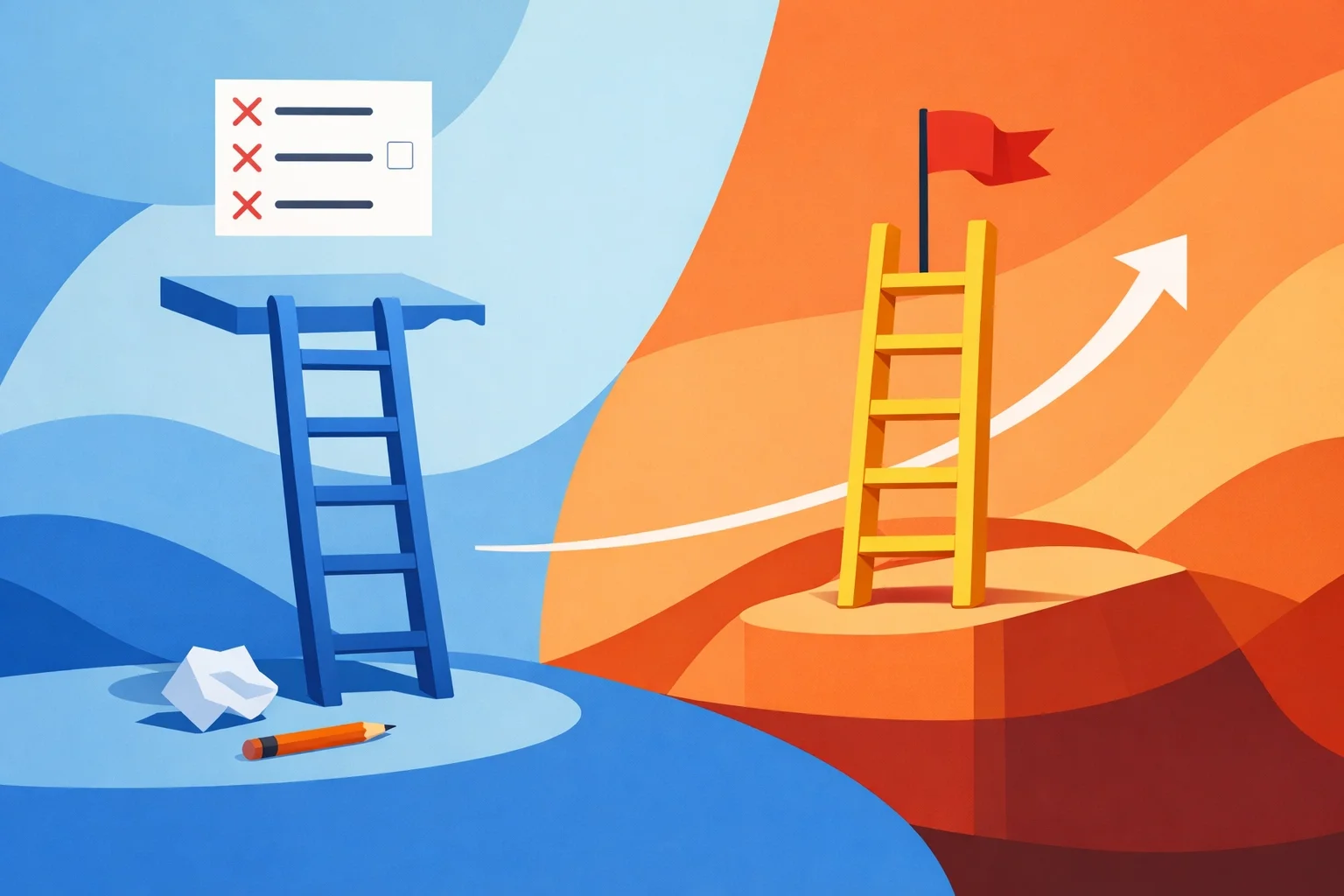 Broken ladder with mistakes contrasted with a successful climb to a flag, representing learning from failure and achieving goals.