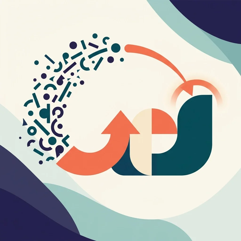 Abstract illustration of scattered shapes transforming into a clean upward arrow and structured forms, symbolizing turning complexity into clarity, optimization, and strategic improvement.